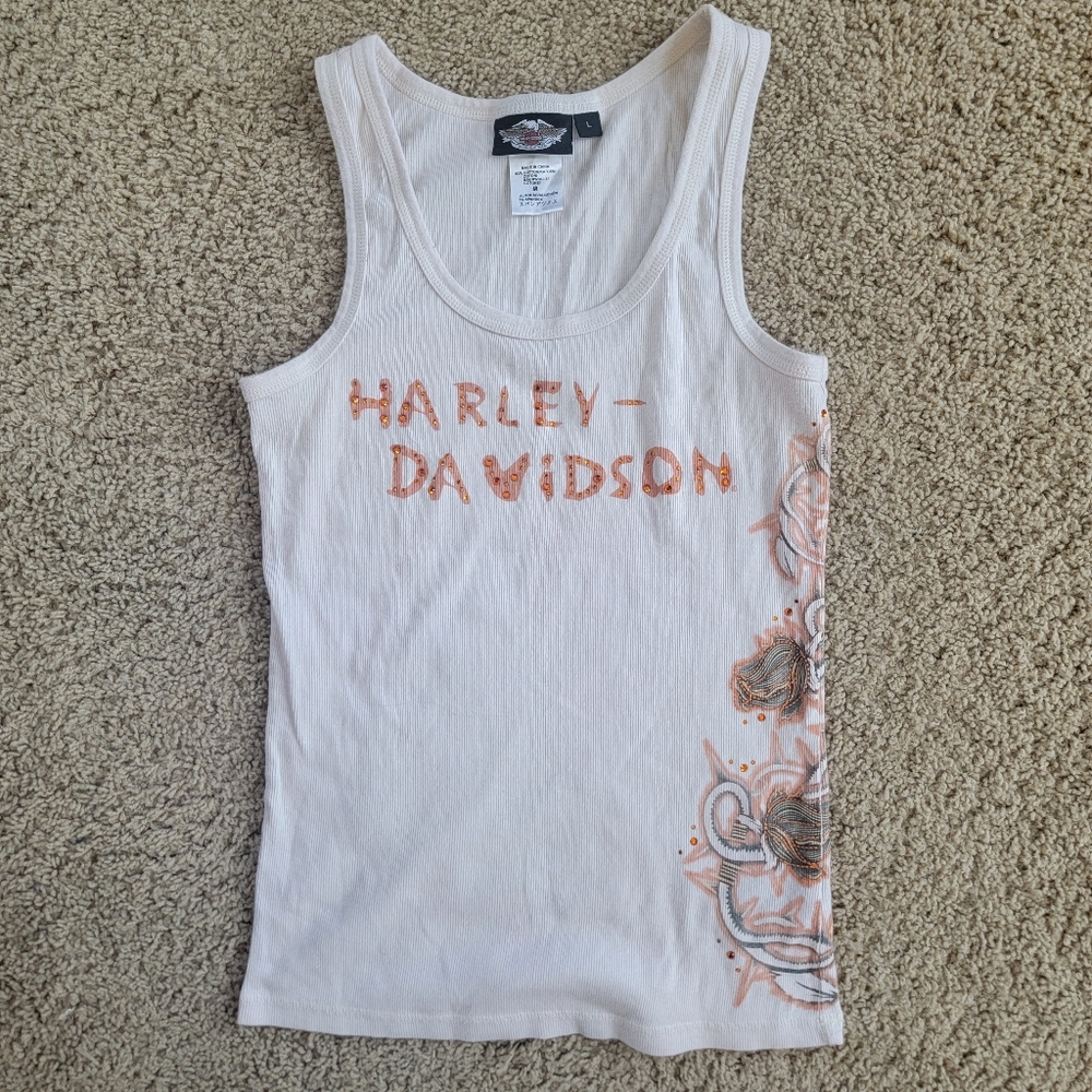 Harley Davidson Cream Tank Top - Size Large - Biker, Americana, Ribbed, Y2K